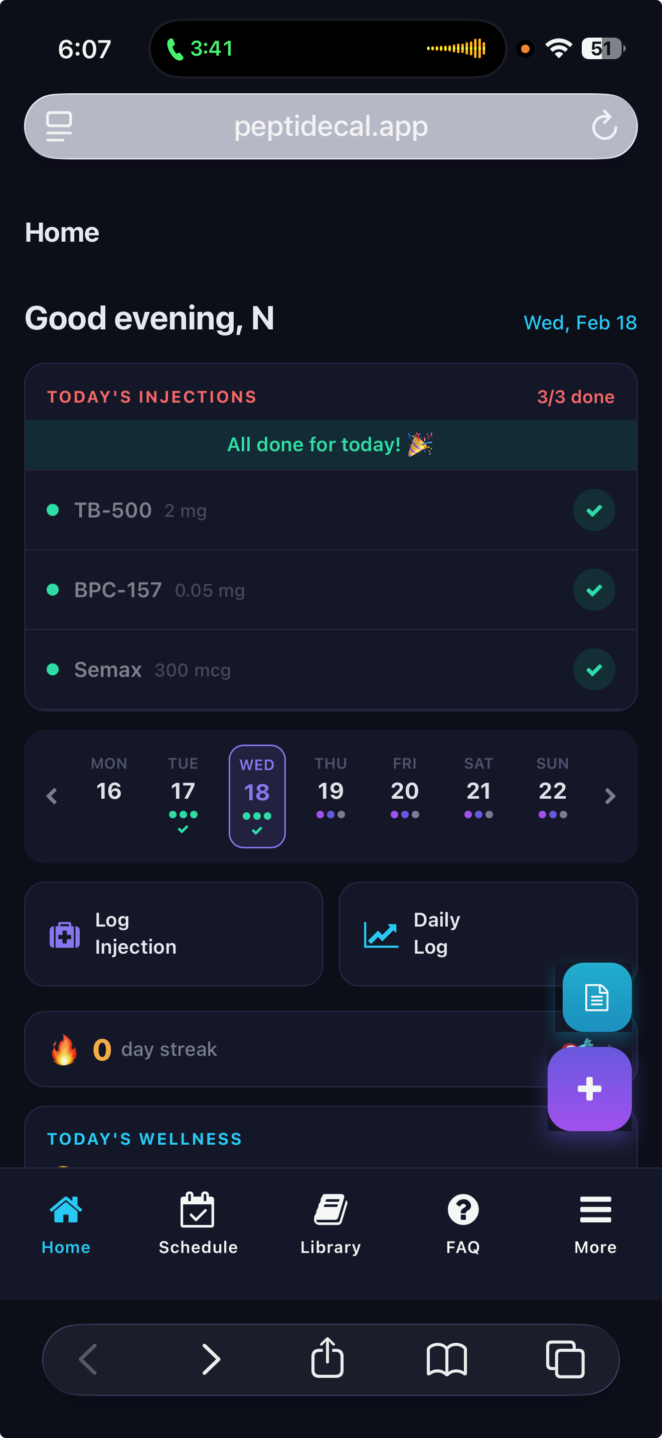 Peptide Calendar Home Screen