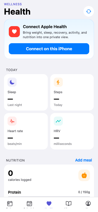 Health dashboard with Apple Health connection and wellness metrics