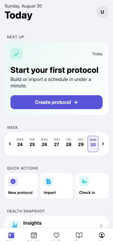 Peptide Calendar Today screen showing the next protocol action and weekly schedule